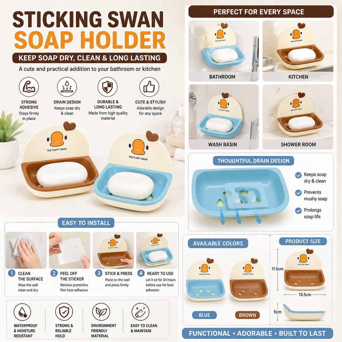 No Drill Self Adhesive Soap Holder (Swan Style)