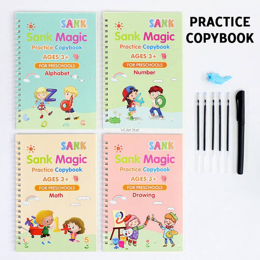 Set of 4 Sank Magic Practice Copybook for Montessori Kids Handwriting and Calligraphy - Improves Handwriting, Fine Motor Skills, and Creativity