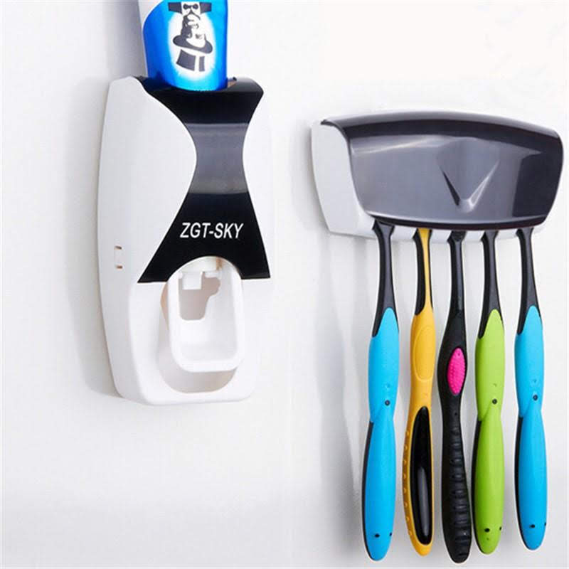 Automatic Plastic Toothpaste Dispenser With Toothbrush Holder(Black)