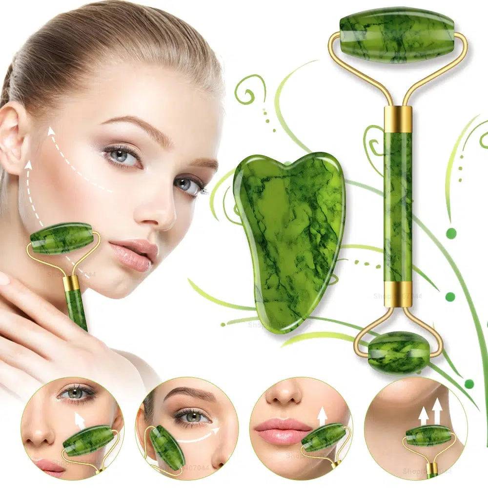 Jade Roller + Gua Sha Set Facial Beauty Tools Massage Face Roller Skin Stone